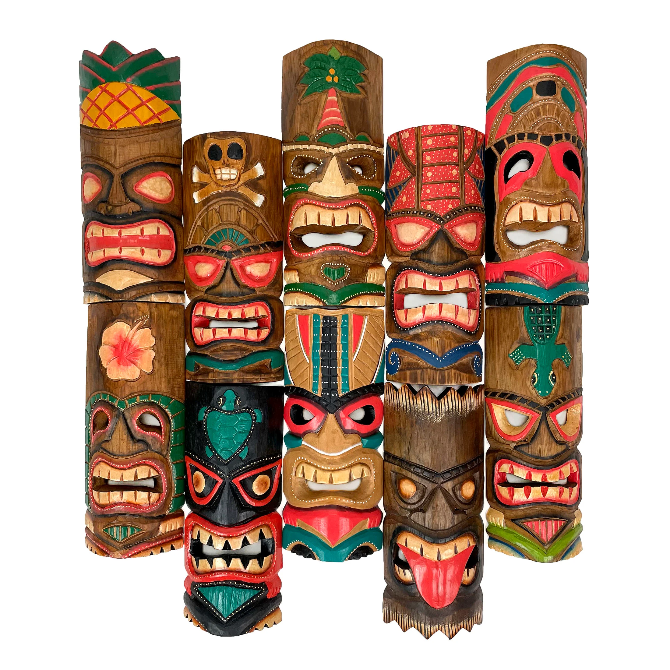 Set of 10 Hand-Carved Tropical Island Style Tiki Masks Decorative Wall Hangings 12 Inches High - Image 8
