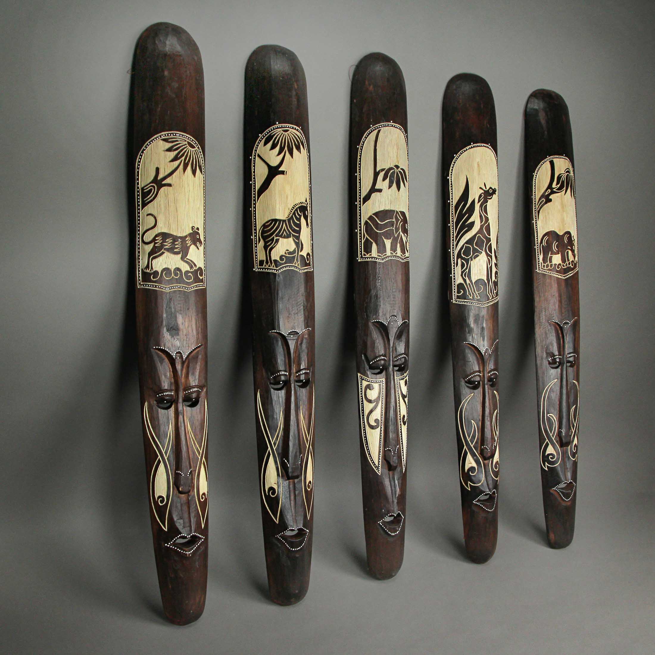 Set of Five 39 Inch Hand Carved African Style Decorative Tribal Masks Wall Decor - Image 5
