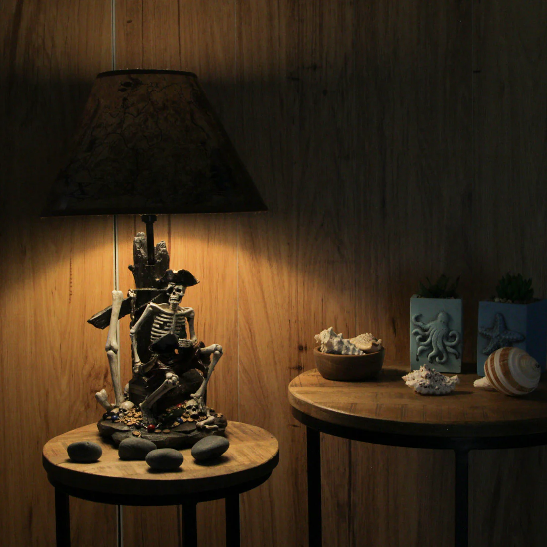21 Inches Pirate Skeleton Caribbean Table Lamp With Treasure Map Shade Nautical Desk Light Beach Home Decor - Image 6