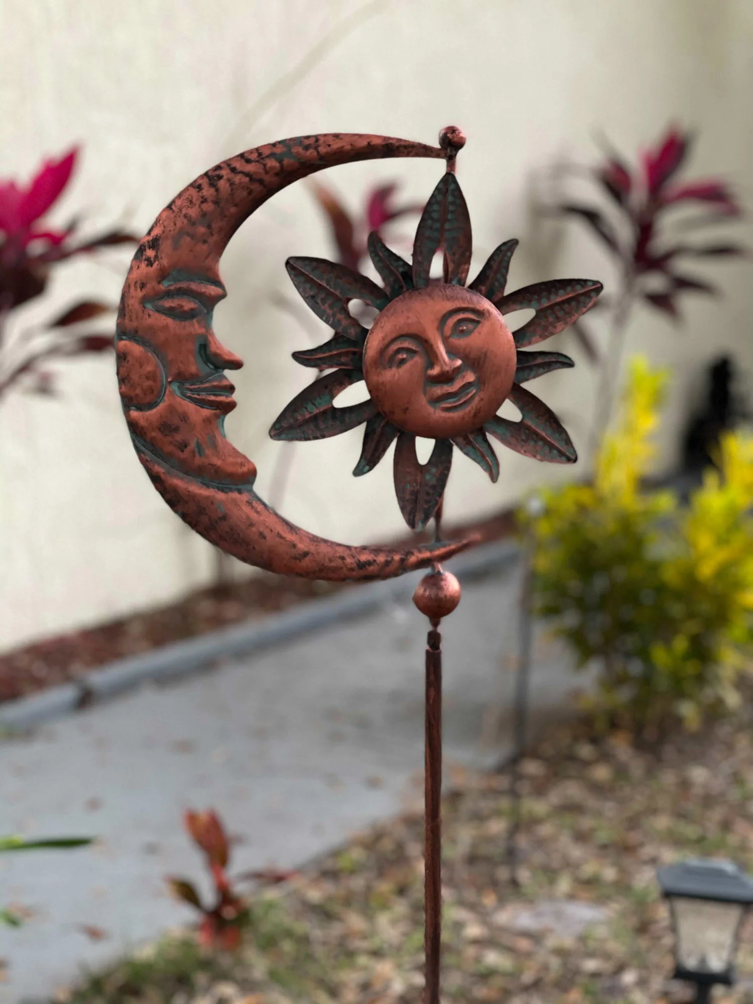 Verdigris Patina Copper Finish Celestial Sun and Moon Garden Wind Pinwheel Stake - Image 4