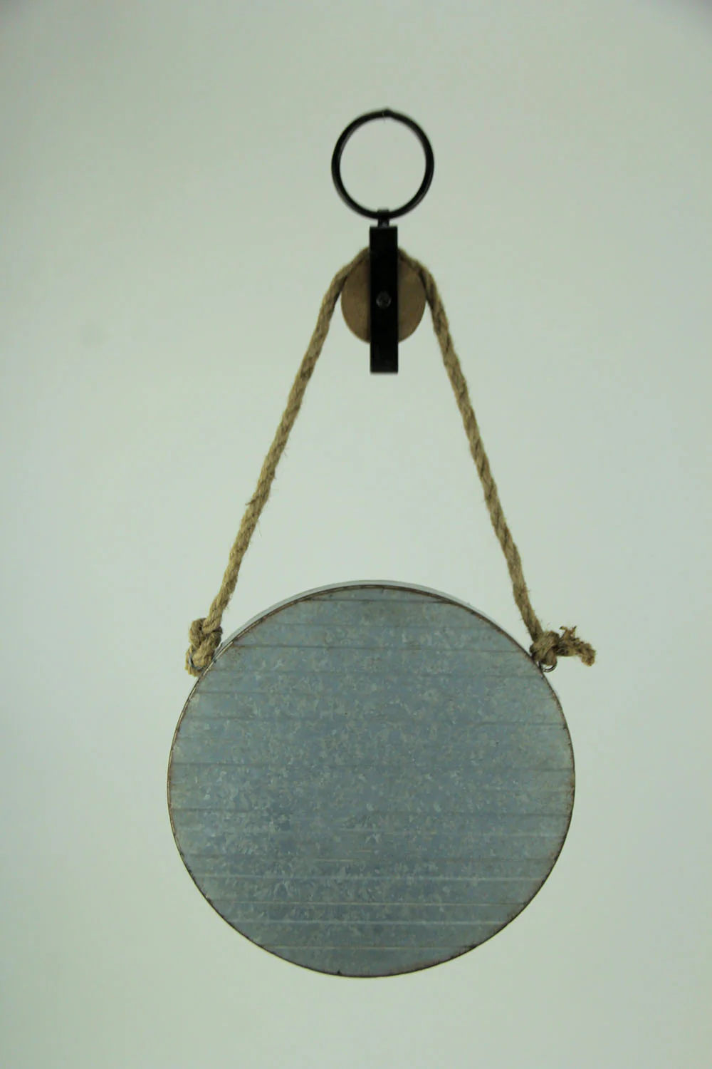 Farmhouse Rustic Round Metal Barrel Ring On Rope Pulley Decorative Wall Mirror - Image 3