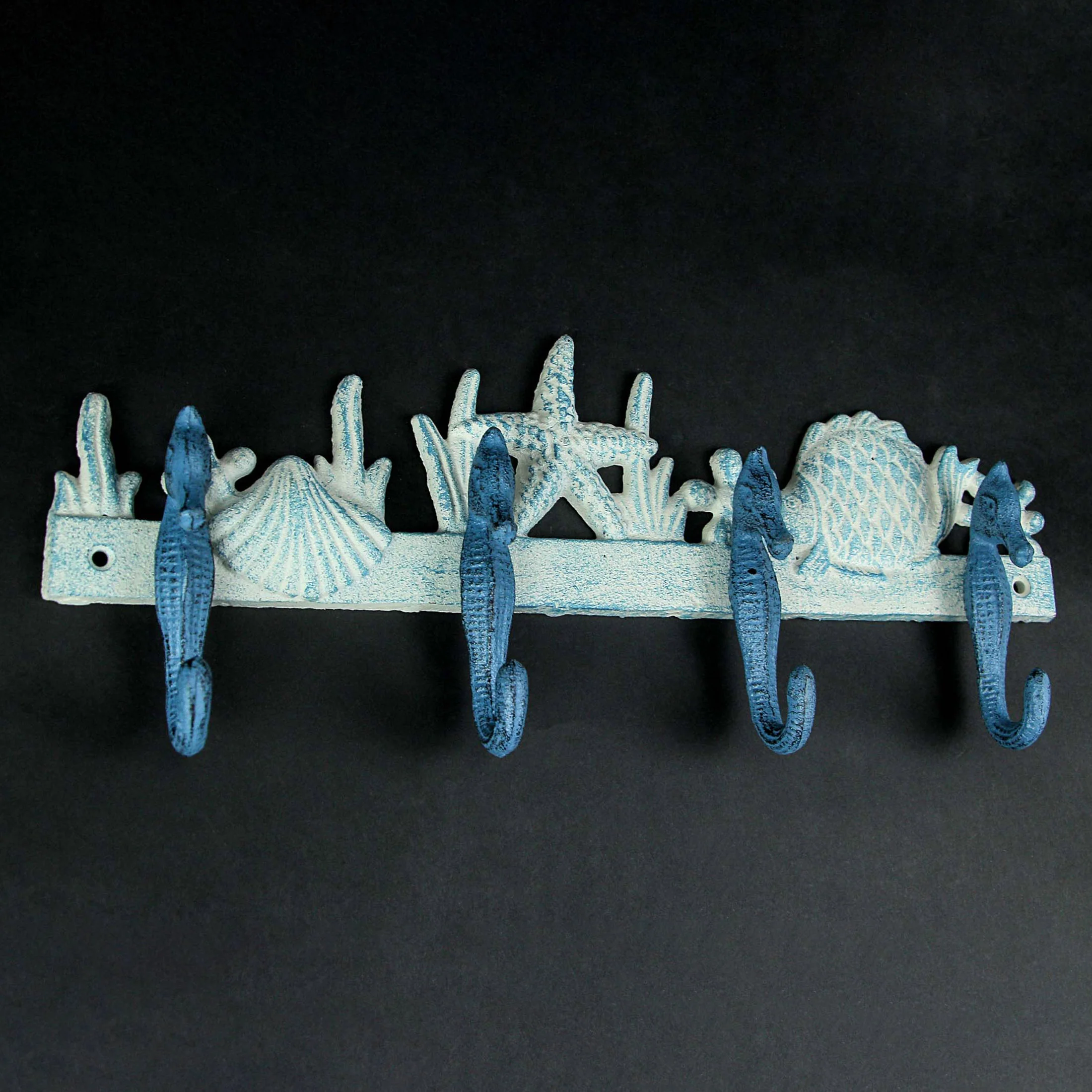 Blue And White Cast Iron Seahorses Decorative Wall Hook Nautical Sea Life Hanging Towel or Coat Rack Beach Home Coastal Accent Decor - Image 3