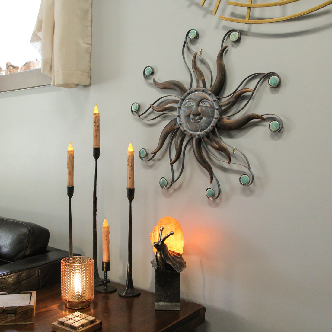 Antique Copper Finish Metal Sun Face Wall Hanging With Ceramic Bead Accents - Image 4