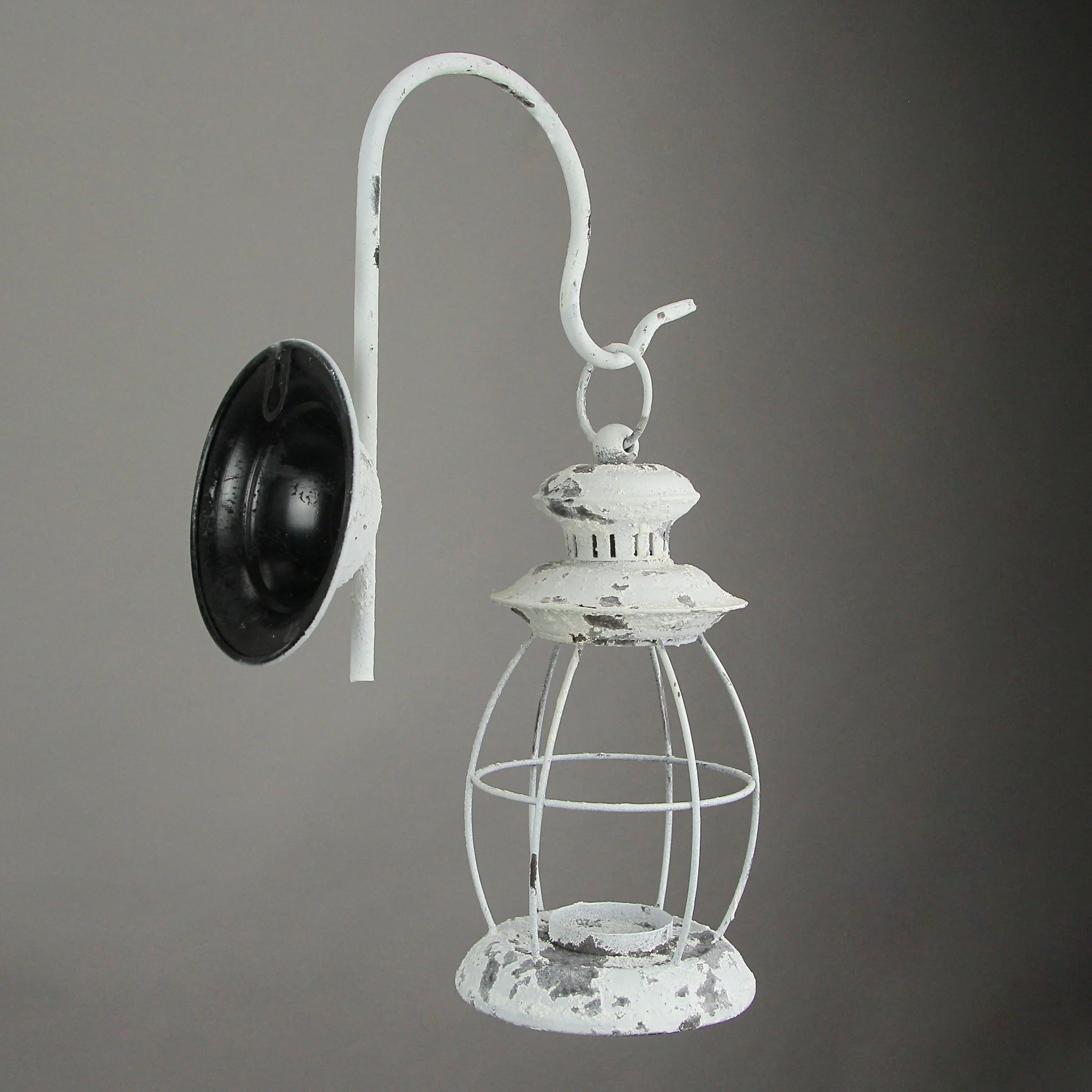 Rustic Distressed Metal Wall Mounted Railroad Lantern Hanging Candle Sconce, White - Image 3