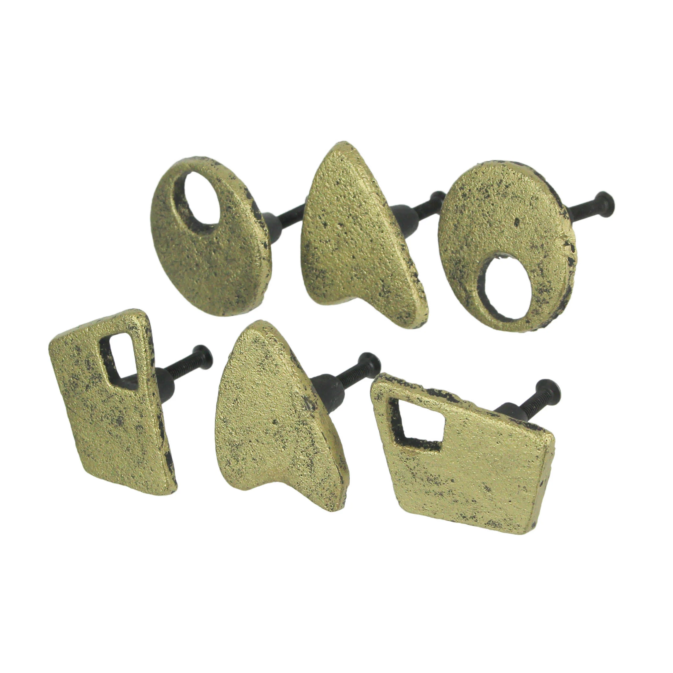 Set of 6 Antique Gold Finish Mid Century Modern Atomic Shape Cast Iron Drawer Pull Cabinet Knobs - Image 13